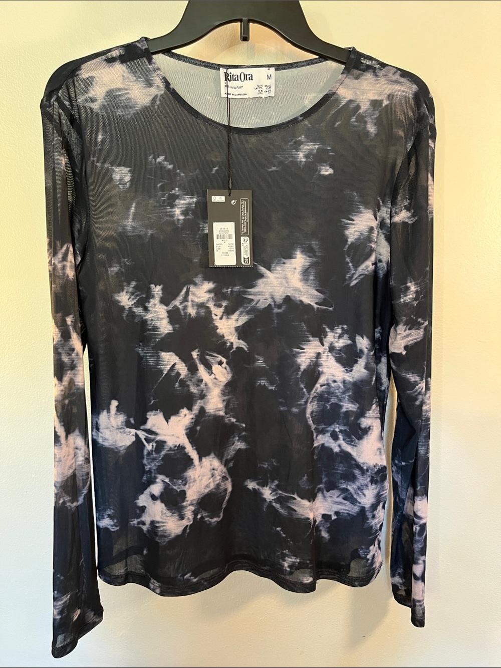 Primark Black and Pale Pink Tie-Dye Mesh Long Sleeve Top